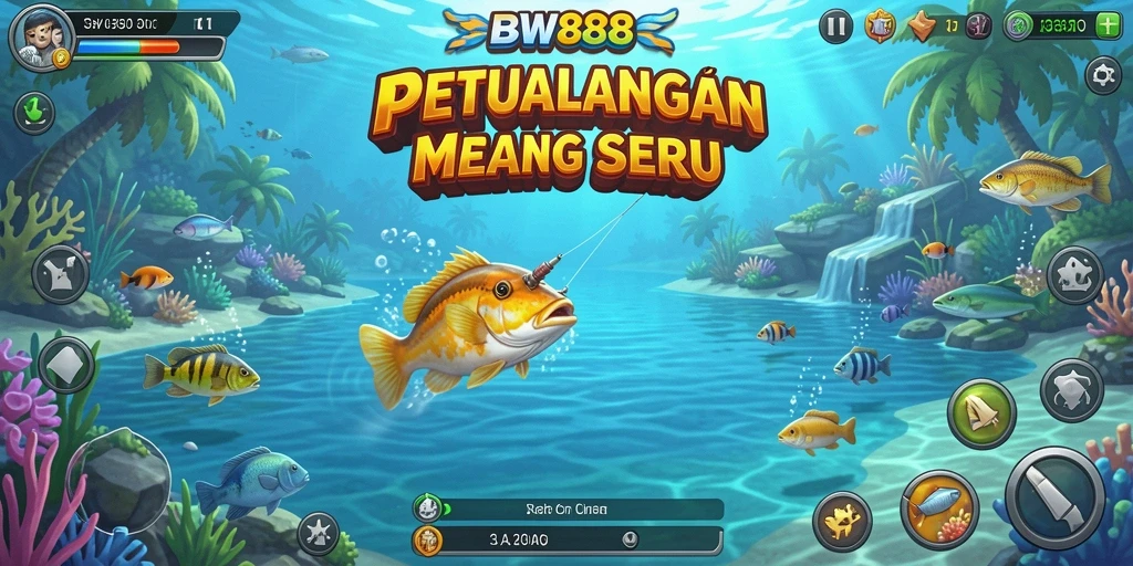 Screenshot menunjukkan pemain sedang memancing di danau yang indah.