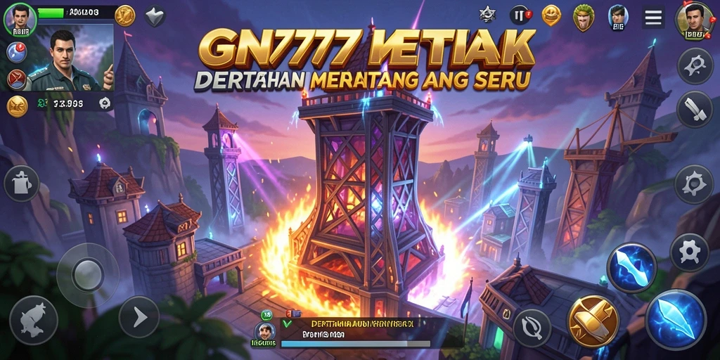 Tampilan gameplay GN777 menampilkan menara dan musuh yang berinteraksi.