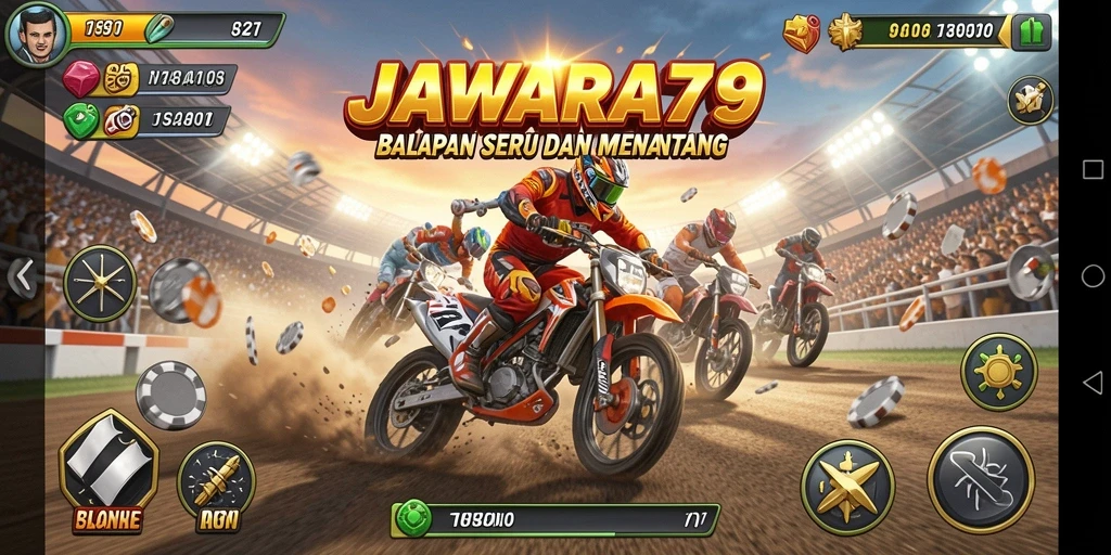 Screenshot JAWARA79 menampilkan aksi balapan yang seru.