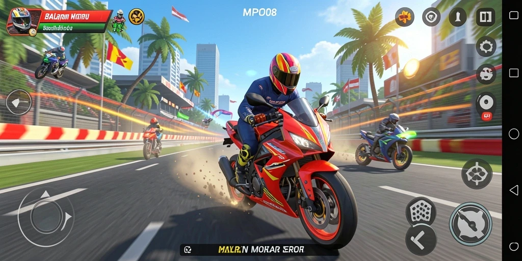 Gameplay seru balapan motor di MPO08 dengan aksi mendebarkan.