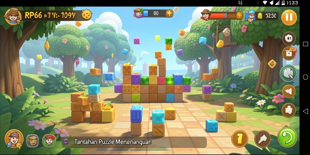 Screenshot RP66 menampilkan pemain menyelesaikan puzzle dengan karakter lucu.
