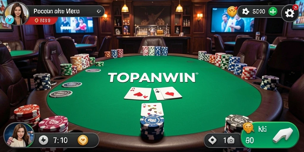 Screenshot gameplay TOPANWIN dalam suasana permainan Poker yang mendebarkan.